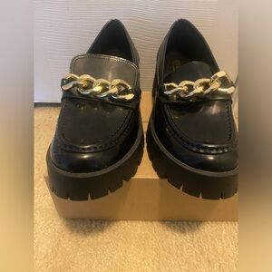 Guess Black Patent Loafers with Gold Chain Trim